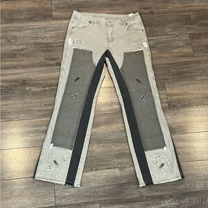 Custom Two-Tone Distressed Jeans – Panel Design – Paint Splatter – Streetwear